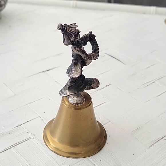 Vintage Pewter Clown Playing Accordian On Brass Bell Collectible About 5" Tall - Picture 5 of 9